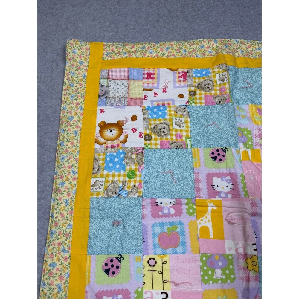 Project Linus Handmade Baby Quilt Hello Kitty Teddy Bear Flannel Back 36x34 2019